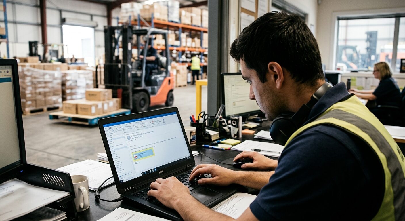 Mitarbeiter in einem Lager liest am Laptop eine E-Mail mit PDF-Rechnungsanhang, im Hintergrund ein Gabelstapler