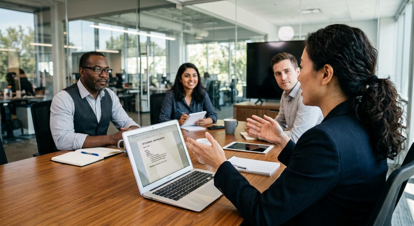Vier Kolleginnen und Kollegen in einem Meeting, Laptop auf dem Tisch zeigt ein Protokoll mit Aufgabenliste