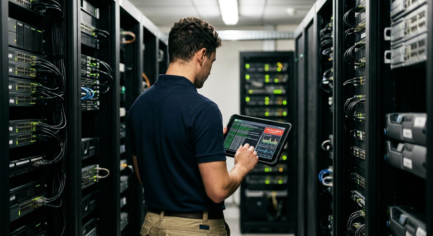 IT-Administratorin im Serverraum blickt auf ein Tablet mit Monitoring-Dashboard und rotem Fehleralarm