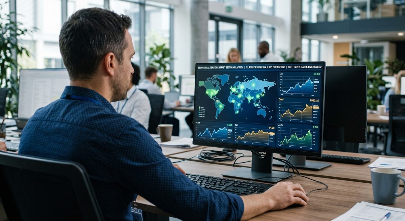 Analyst blickt über die Schulter auf ein Markt-Monitoring-Dashboard mit Weltkarte und Rohstoffpreisen