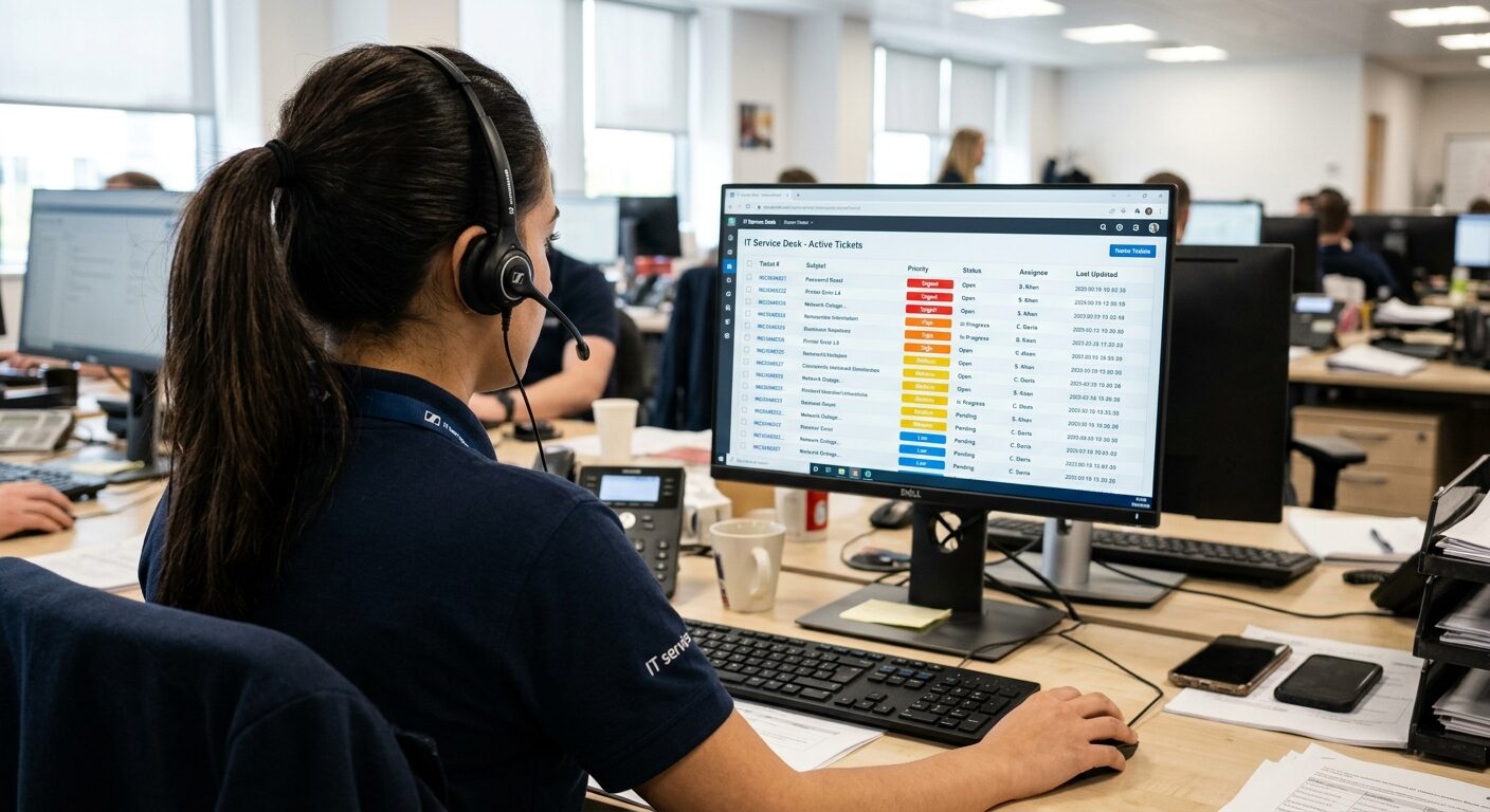 Support-Mitarbeiterin mit Headset blickt auf ein Ticket-Dashboard mit Priorität und Status am Monitor