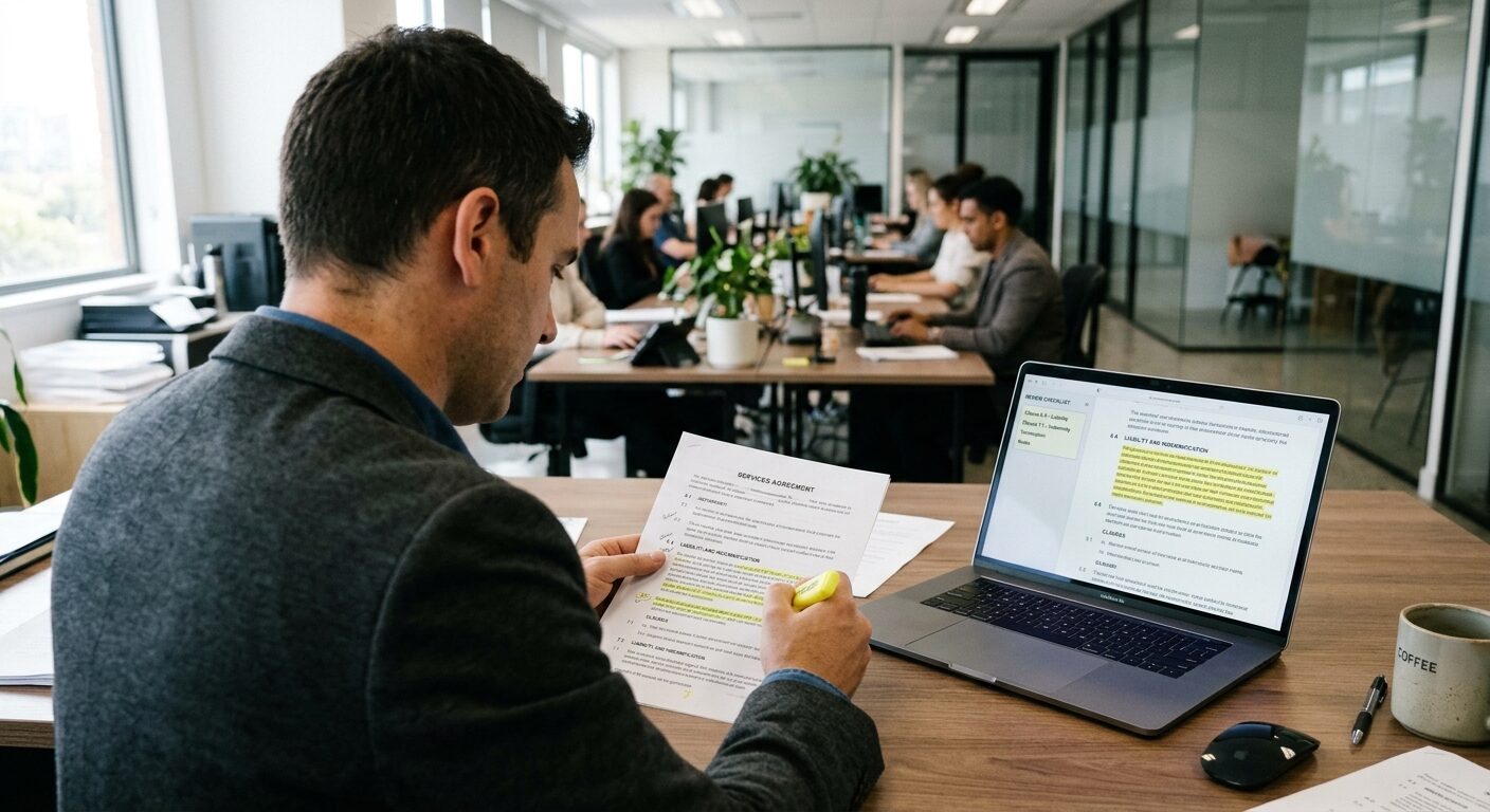 Geschäftsfrau markiert eine gedruckte Vertragsklausel, Laptop daneben zeigt eine Prüf-Checkliste zum Vertrag